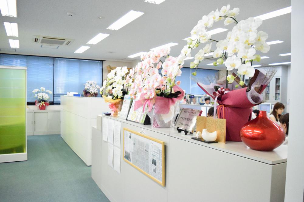 お花がいっぱいの明るいオフィスです！